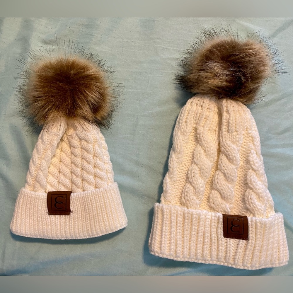 Mommy and me white CC beanies